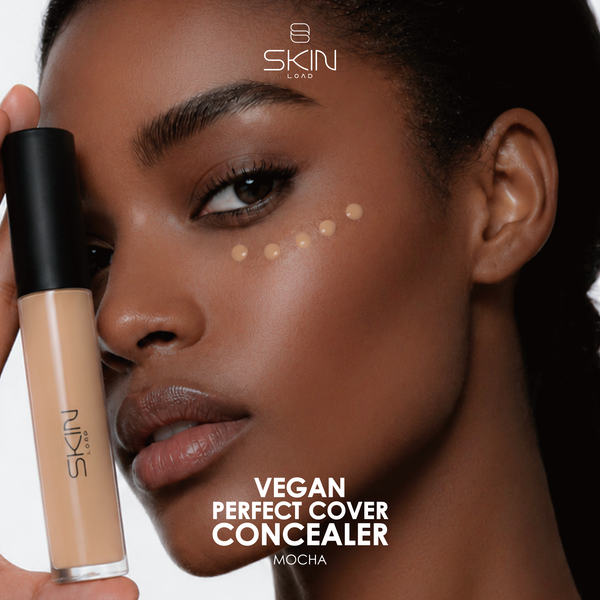 Skin Load Vegan Perfect Cover Concealer Mocha applied under the eyes on medium-tan skin