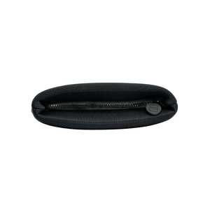 Skin Load Makeup Pouch top view with zip open and round Skin Load logo pull
