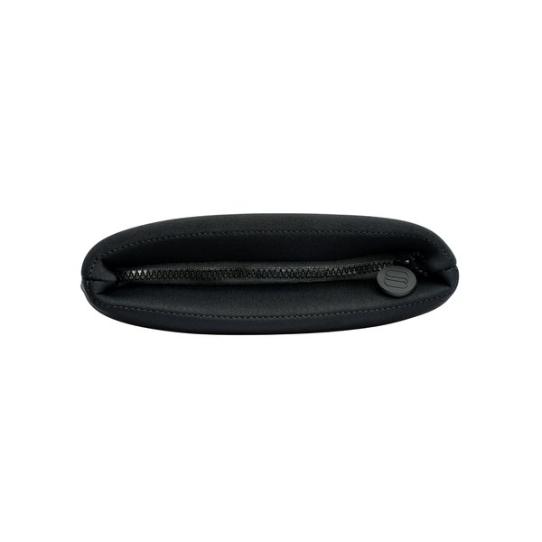 Skin Load Makeup Pouch top view with zip open and round Skin Load logo pull